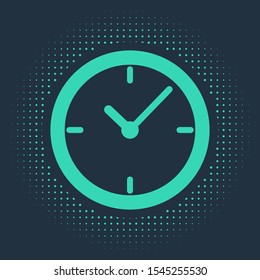 Green Clock icon isolated on blue background. Abstract circle random dots. Vector Illustration