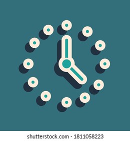 Green Clock icon isolated on green background. Time symbol. Long shadow style. Vector.