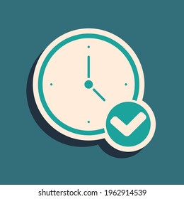 Green Clock icon isolated on green background. Time symbol. Long shadow style. Vector
