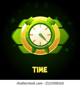 Green Clock Icon With Time, Badge For Game.