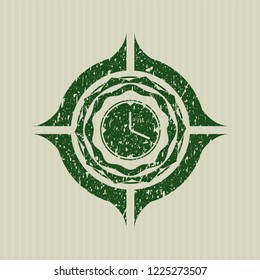 Green clock, time icon inside rubber grunge stamp