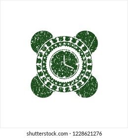 Green clock, time icon inside distressed grunge seal