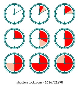 Green clock vector icons with red minutes charts. Set of nine simple timers.
