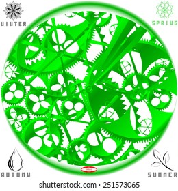 green clock work of seasons of the year on technology background vector