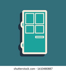 Green Closed door icon isolated on blue background. Long shadow style. Vector Illustration