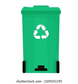 Ilustración verde del material vectorial del vertedero cerrado. Un cubo de basura con un pedal sobre ruedas. Icono de reciclaje. Aislado sobre un fondo blanco.