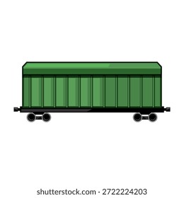 Carro de carga cerrado verde que mueve mercancías y productos por ferrocarril, que representa la logística global, el envío y el transporte industrial de Mercancía y materias primas