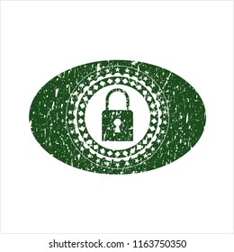 Green closed lock icon inside distressed grunge style stamp