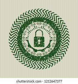 Green closed lock icon inside distressed with rubber seal texture