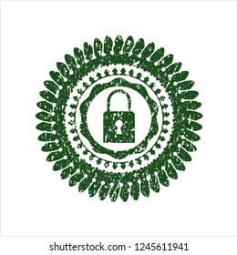 Green closed lock icon inside rubber grunge seal