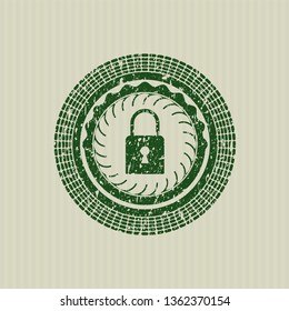 Green closed lock icon inside distress rubber grunge seal
