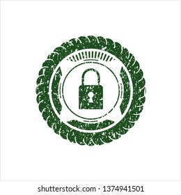 Green closed lock icon inside distress rubber seal with grunge texture