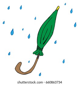 Green closed umbrella with raindrops. Umbrella. Vector illustration of a closed umbrella. Hand drawn autumn rain and umbrella.
