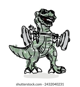 green cloth dinosaur Hand drawn funny dinosaur T-rex lifting a big barbell, painted in watercolor, white back.