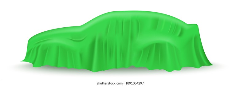 Green cloth drapery covering car. Silk fabric hanging on gift for surprise reveal vector illustration. Hidden car under veil decoration on white background. Mysterious presentation event.