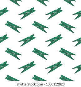 Green clothespin ,seamless pattern on white background.