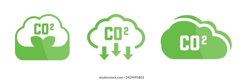 Green cloud co2 icons reduction collection. CO2 emission, reduction, neutrality symbols. Net zero emissions