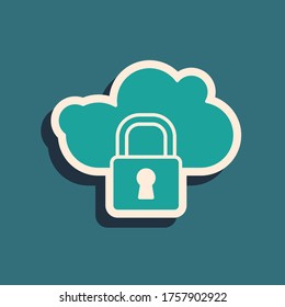 Green Cloud computing lock icon isolated on green background. Security, safety, protection concept. Protection of personal data. Long shadow style. Vector Illustration