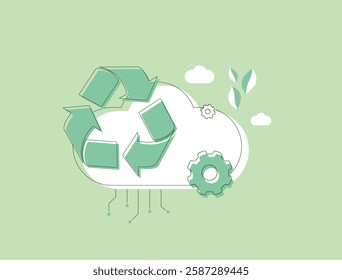 Green cloud computing optimizes energy use and reduces emissions. Sustainable cloud computing integrates eco-friendly data centers, lowering carbon footprint. Isolated green vector illustration