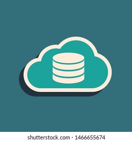 Green Cloud database icon isolated on blue background. Cloud computing concept. Digital service or app with data transferring. Long shadow style. Vector Illustration