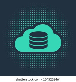 Green Cloud database icon isolated on blue background. Cloud computing concept. Digital service or app with data transferring. Abstract circle random dots. Vector Illustration