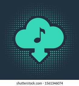 Green Cloud download music icon isolated on blue background. Music streaming service, sound cloud computing, online media streaming, audio wave. Abstract circle random dots. Vector Illustration