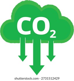 Nube verde de CO₂ con flechas hacia abajo que simbolizan la captura de carbono, la reducción atmosférica y el concepto de sostenibilidad ambiental