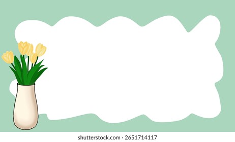 Marco de nube verde y tulipanes amarillos en florero.