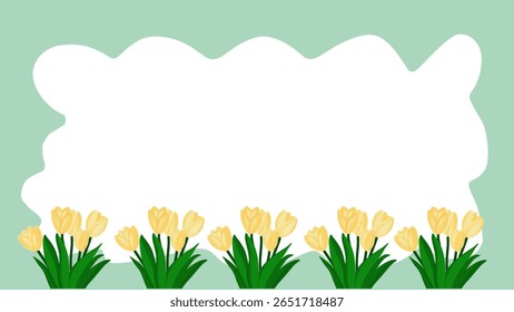 Grüner Wolkenrahmen und gelbe Tulpen.