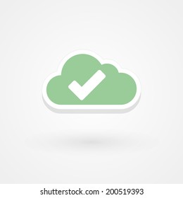 Green cloud icon sticker. Check mark. Vector illustration, flat design