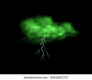 Nube verde con rayos, Ilustración vectorial de truenos. Nube de tormenta realista o destello mágico de energía con humo o niebla. Rayo brillante de la meteorología sobre fondo negro