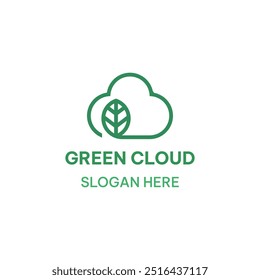 Plantilla de logotipo de nube verde en estilo de línea simple. Nube y Ilustración vectorial de hojas