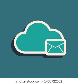 Green Cloud mail server icon isolated on blue background. Cloud server hosting for email. Online message service. Mailbox sign. Long shadow style. Vector Illustration