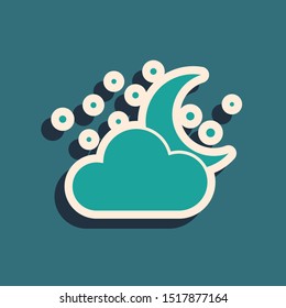 Green Cloud with moon and stars icon isolated on blue background. Cloudy night sign. Sleep dreams symbol. Night or bed time sign. Long shadow style. Vector Illustration