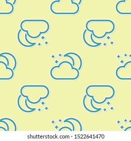 Green Cloud with moon and stars icon isolated seamless pattern on yellow background. Cloudy night sign. Sleep dreams symbol. Night or bed time sign.  Vector Illustration