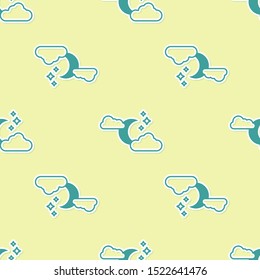 Green Cloud with moon and stars icon isolated seamless pattern on yellow background. Cloudy night sign. Sleep dreams symbol. Night or bed time sign.  Vector Illustration