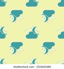 Green Cloud with moon and stars icon isolated seamless pattern on yellow background. Cloudy night sign. Sleep dreams symbol. Night or bed time sign.  Vector Illustration