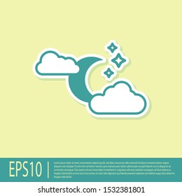 Green Cloud with moon and stars icon isolated on yellow background. Cloudy night sign. Sleep dreams symbol. Night or bed time sign.  Vector Illustration