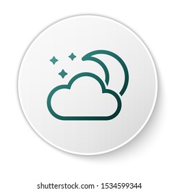 Green Cloud with moon and stars icon isolated on white background. Cloudy night sign. Sleep dreams symbol. Night or bed time sign. White circle button. Vector Illustration
