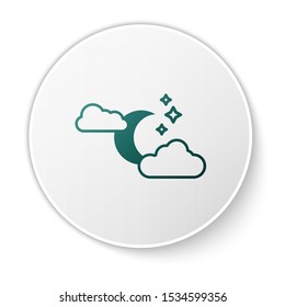 Green Cloud with moon and stars icon isolated on white background. Cloudy night sign. Sleep dreams symbol. Night or bed time sign. White circle button. Vector Illustration