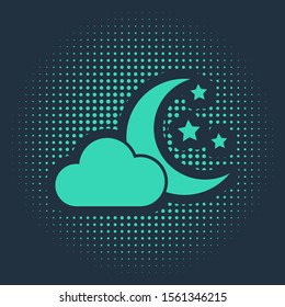 Green Cloud with moon and stars icon isolated on blue background. Cloudy night sign. Sleep dreams symbol. Night or bed time sign. Abstract circle random dots. Vector Illustration