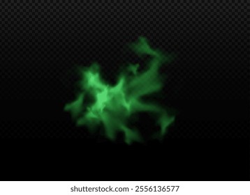 Green cloud of poisonous fog or smoke isolated on a dark transparent background. Toxic stinking smog. Bad smell. Magic flame. Gas or ether. Realism. Decorative design element. Vector illustration.