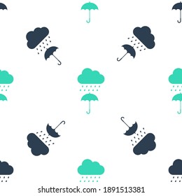 Green Cloud with rain drop on umbrella icon isolated seamless pattern on white background. Vector.