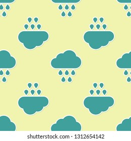 Green Cloud with rain icon isolated seamless pattern on yellow background. Rain cloud precipitation with rain drops. Vector Illustration