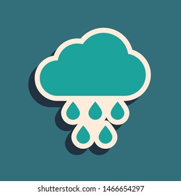 Green Cloud with rain icon isolated on blue background. Rain cloud precipitation with rain drops. Long shadow style. Vector Illustration
