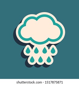 Green Cloud with rain icon isolated on blue background. Rain cloud precipitation with rain drops. Long shadow style. Vector Illustration