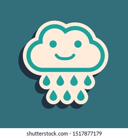 Green Cloud with rain icon isolated on blue background. Rain cloud precipitation with rain drops. Long shadow style. Vector Illustration