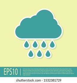 Green Cloud with rain icon isolated on yellow background. Rain cloud precipitation with rain drops.  Vector Illustration