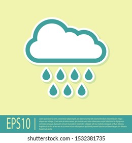 Green Cloud with rain icon isolated on yellow background. Rain cloud precipitation with rain drops.  Vector Illustration