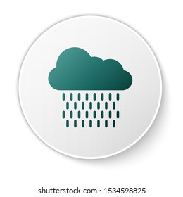 Green Cloud with rain icon isolated on white background. Rain cloud precipitation with rain drops. White circle button. Vector Illustration